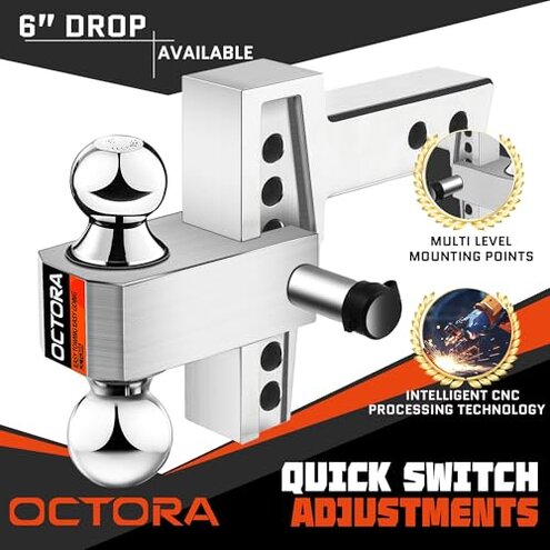 OCTORA Adjustable Trailer Hitch (Fits 2-Inch Receiver) - Aluminum Tow Hitch with 6-Inch Drop/Rise for Truck (12,500 LBS GTW) - Double Anti-Theft Locking Hitch Pins (Silver, 2inch-6Drop)