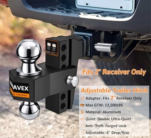 Adjustable Trailer Hitch-Drop Hitch Fits 2-Inch Receiver -6" Drop/Rise Tow Hitch with 2" and 2-5/16" Tow Balls-12,500GTW with Double Anti-Theft Pins Locks, Black