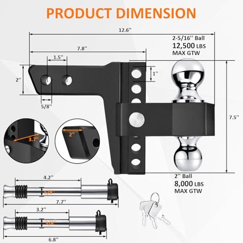 Adjustable Trailer Hitch-Drop Hitch Fits 2-Inch Receiver -6" Drop/Rise Tow Hitch with 2" and 2-5/16" Tow Balls-12,500GTW with Double Anti-Theft Pins Locks, Black