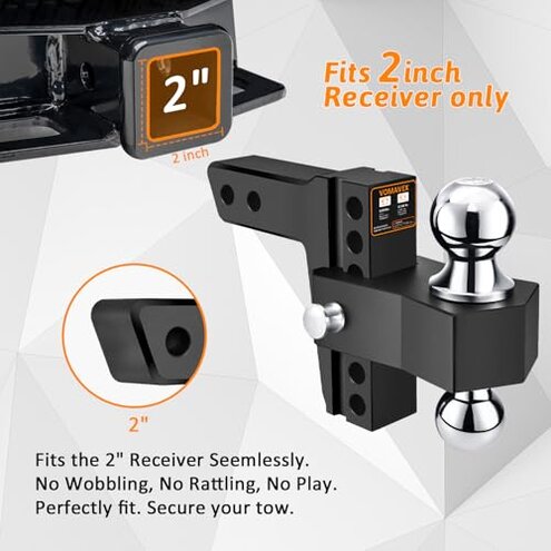 Adjustable Trailer Hitch-Drop Hitch Fits 2-Inch Receiver -6" Drop/Rise Tow Hitch with 2" and 2-5/16" Tow Balls-12,500GTW with Double Anti-Theft Pins Locks, Black