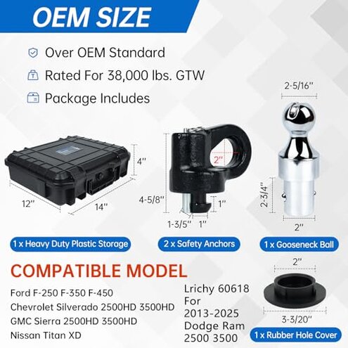 60692, Upgraded 38k 2-5/16 in Hitch Ball Puck System Gooseneck Hitch Kit with Case for Ford F250/F350/F450, Chevrolet Silverado 2500/3500 HD, GMC Sierra 2500/3500 HD Nissan Titan XD
