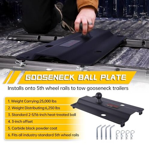 JOINCARZ 25000 lbs Gooseneck Ball Plate Fit for 5th Wheel Rails, Gooseneck Adapter Hitch for Pickup Truck Bed Trailer Towing, 2-5/16-Inch Ball, Fits Industry-Standard Rails,Carbide Black Powder Coat