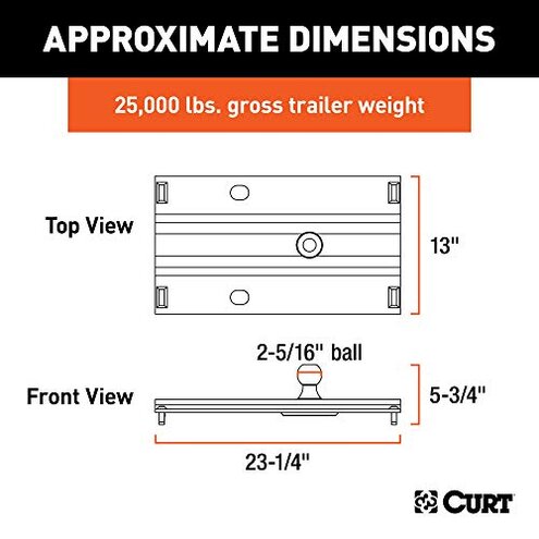 CURT 16055 Bent Plate 5th Wheel to Gooseneck Adapter Hitch, Fits Industry-Standard Rails, 25,000 lbs, 2-5/16-Inch Ball