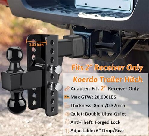 Adjustable Trailer Hitch -Drop Hitch-Tow Hitch with 2 inch Receiver-6inch Drop/Rise, 2" & 2-5/16" Ball Hitches for Trucks, 20,000 LBS GTW, Trailer Hitches with Anti-Theft Pin, Black&hellip;