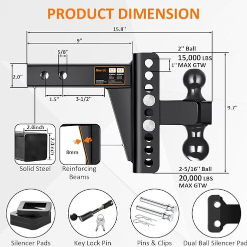 Adjustable Trailer Hitch -Drop Hitch-Tow Hitch with 2 inch Receiver-6inch Drop/Rise, 2" & 2-5/16" Ball Hitches for Trucks, 20,000 LBS GTW, Trailer Hitches with Anti-Theft Pin, Black&hellip;