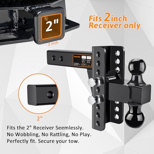 Adjustable Trailer Hitch -Drop Hitch-Tow Hitch with 2 inch Receiver-6inch Drop/Rise, 2" & 2-5/16" Ball Hitches for Trucks, 20,000 LBS GTW, Trailer Hitches with Anti-Theft Pin, Black&hellip;