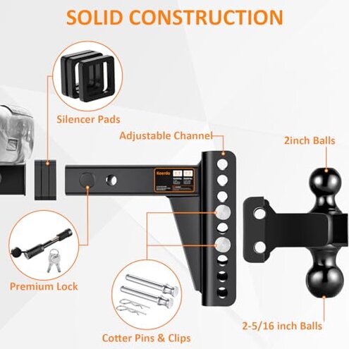 Adjustable Trailer Hitch -Drop Hitch-Tow Hitch with 2 inch Receiver-6inch Drop/Rise, 2" & 2-5/16" Ball Hitches for Trucks, 20,000 LBS GTW, Trailer Hitches with Anti-Theft Pin, Black&hellip;
