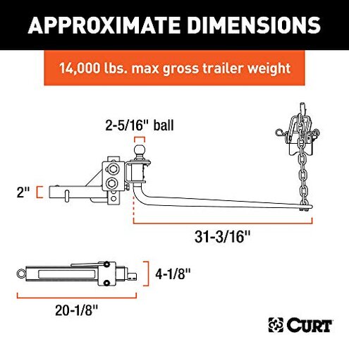 CURT 17063 Round Bar Weight Distribution Hitch with Integrated Lubrication and Sway Control, Up to 14K, 2-In Shank, 2-5/16-Inch Ball