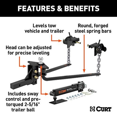 CURT 17063 Round Bar Weight Distribution Hitch with Integrated Lubrication and Sway Control, Up to 14K, 2-In Shank, 2-5/16-Inch Ball