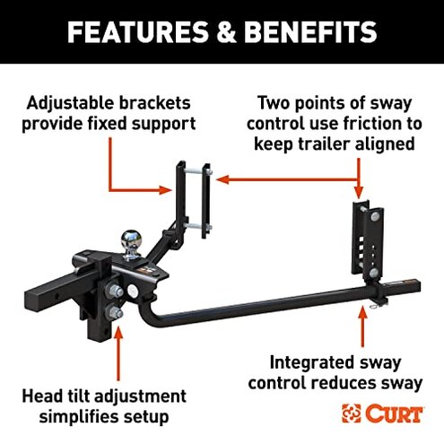 CURT 17601 TruTrack 2P Round Bar Weight Distribution Hitch with 2X Sway Control, Up to 10K, 2-in Shank, 2-5/16-Inch Ball