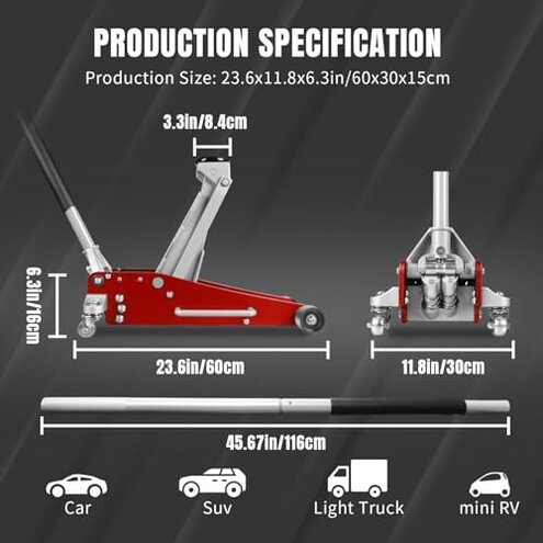 Jack Boss 3 Ton Low Profile, Aluminum and Steel Racing Floor Jack with Dual Pistons Quick Lift Pump for Sport Utility Vehicle, Lifting Range 3-15/16" min to 18-5/16" max, Net Weight 58.5 lb, Red