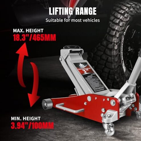 Jack Boss 3 Ton Low Profile, Aluminum and Steel Racing Floor Jack with Dual Pistons Quick Lift Pump for Sport Utility Vehicle, Lifting Range 3-15/16" min to 18-5/16" max, Net Weight 58.5 lb, Red