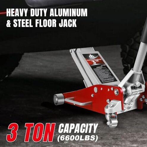 Jack Boss 3 Ton Low Profile, Aluminum and Steel Racing Floor Jack with Dual Pistons Quick Lift Pump for Sport Utility Vehicle, Lifting Range 3-15/16" min to 18-5/16" max, Net Weight 58.5 lb, Red