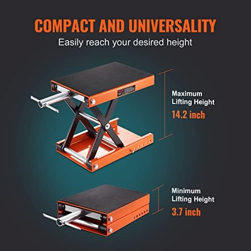 VEVOR Motorcycle Lift, 1100 LBS Motorcycle Scissor Lift Jack with Wide Deck & Safety Pin, 3.7"-13.8" Center Hoist Crank Stand, Steel Scissor Jack for Street Bikes, Cruiser Bikes, Touring Motorcycles