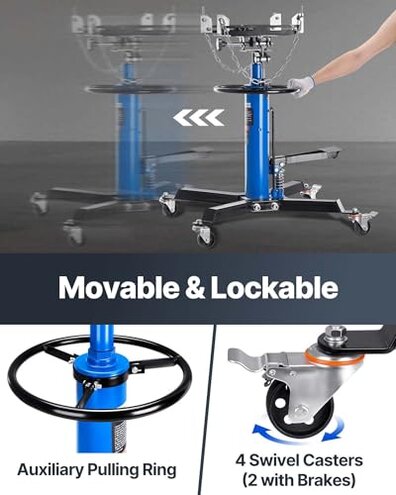 VEVOR Transmission Jack, 33"-67" High Lift, 1100 lbs Hydraulic Telescoping Transmission Jack, 2-Stage Transmission Stand 1/2 Ton Capacity with Foot Pedal, 360&deg; Swivel Wheel, Garage/Shop Lift Hoist