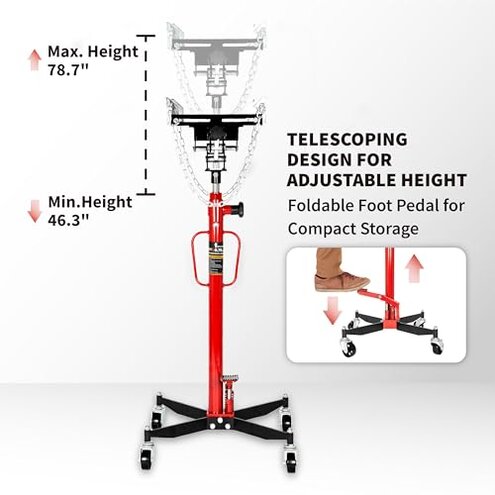 0.75 Ton (1660 lbs) Hydraulic Telescoping Transmission Jack with 360° Swivel Wheels, Foldable Foot Pedal, Adjustable Garage/Shop Lift Hoist for Auto Repair & Vehicle Maintenance