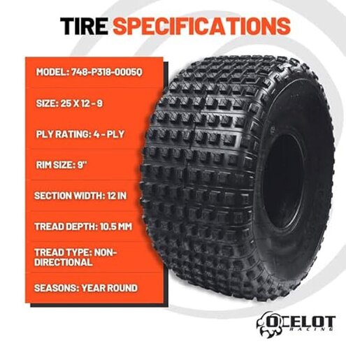 Ocelot 25x12x9 ATV/UTV Tire with Non-Directional Tread, Self-Cleaning Lug Design, Great Flotation - 25-Inch