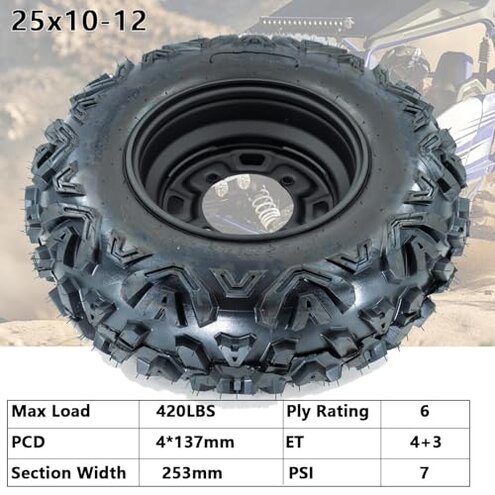 25x10-12 Atv Tires, 25x10x12 All Terrain ATV Tires for All Trail Tire, 25 10 12 Sand Off-Road Tire, 6PR, 4+3 Offset, 4x137 Bolt Pattern, 2 Pack