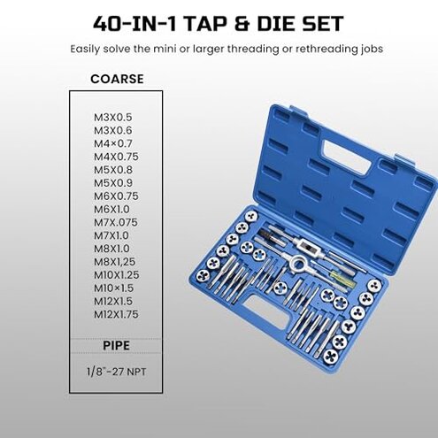 Anfrere 40pcs Metric Tap and Die Set, Metric Standard Rethreading Tool Kit, Coarse and Fine Threads for Cutting External and Internal Threads, Essential Repair Tool Kit with Thread Wrench