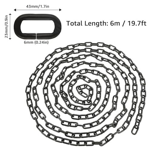 AKOLAFE 19.7 ft Long Black Chain Link 1/4" Heavy Duty Chain Bulk Decorative Chain for Hanging Plants Metal Porch Swing Chain Kit Carbon Steel Gate Chain for Outdoor Fence, Punching Bag, Hammock Chair