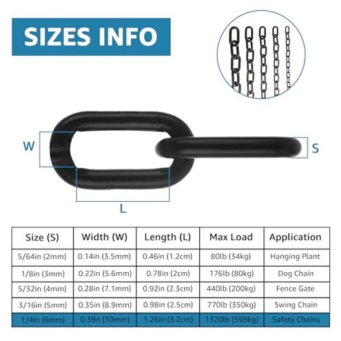 AKOLAFE 19.7 ft Long Black Chain Link 1/4" Heavy Duty Chain Bulk Decorative Chain for Hanging Plants Metal Porch Swing Chain Kit Carbon Steel Gate Chain for Outdoor Fence, Punching Bag, Hammock Chair