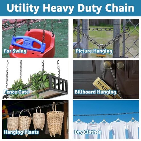 AKOLAFE 19.7 ft Long Black Chain Link 1/4" Heavy Duty Chain Bulk Decorative Chain for Hanging Plants Metal Porch Swing Chain Kit Carbon Steel Gate Chain for Outdoor Fence, Punching Bag, Hammock Chair