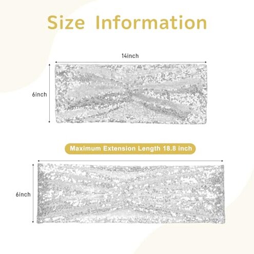 SquarePie Pack of 50 Sequin Chair Sashes Sliver Shiny Bows Bands for Wedding Banquet Party Chair Covers Decor