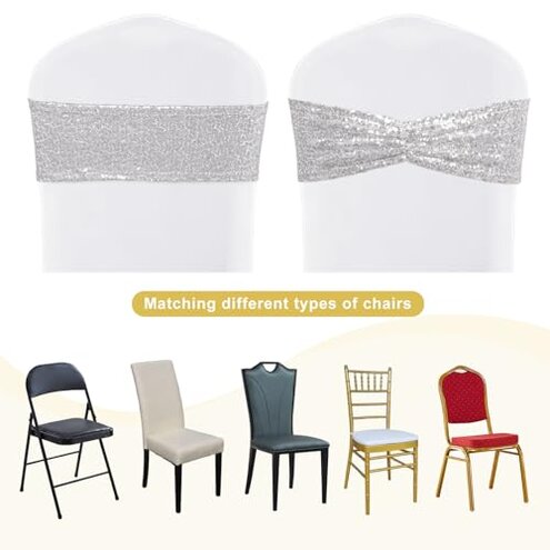 SquarePie Pack of 50 Sequin Chair Sashes Sliver Shiny Bows Bands for Wedding Banquet Party Chair Covers Decor