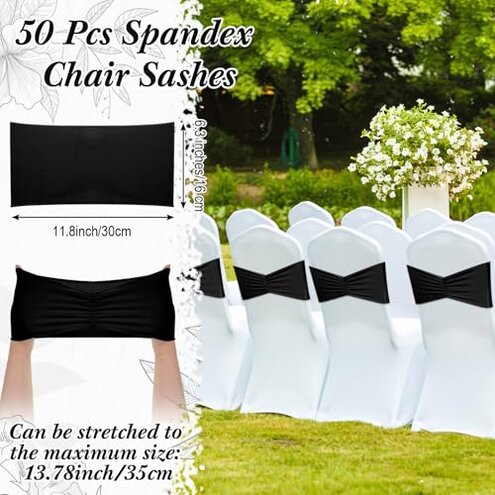 Moukeren 50 Pcs Spandex Chair Sashes Bows Stretch Chair Bands Slider Sashes Elastic Ties Ribbon Covers for Wedding Party Events Ceremony Birthday Banquet Decorations (Black)