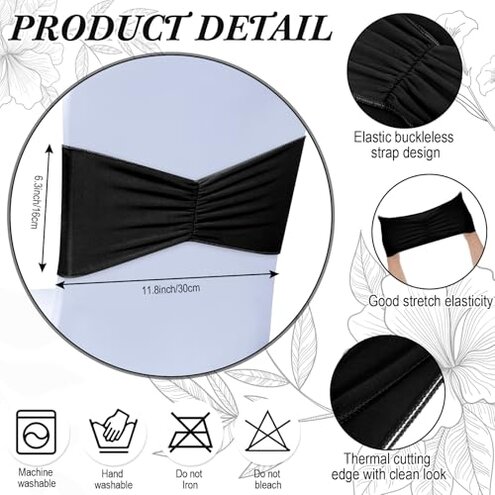 Moukeren 50 Pcs Spandex Chair Sashes Bows Stretch Chair Bands Slider Sashes Elastic Ties Ribbon Covers for Wedding Party Events Ceremony Birthday Banquet Decorations (Black)