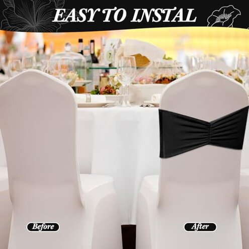 Moukeren 50 Pcs Spandex Chair Sashes Bows Stretch Chair Bands Slider Sashes Elastic Ties Ribbon Covers for Wedding Party Events Ceremony Birthday Banquet Decorations (Black)