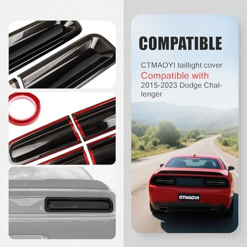KAKABAS TailLight Covers Rear Light Guards Exterior Accessories Compatible with Dodge Challenger 2015-2023,Tail Light Lamp Covers Trim Decoration(4PCS, Smoke Black)