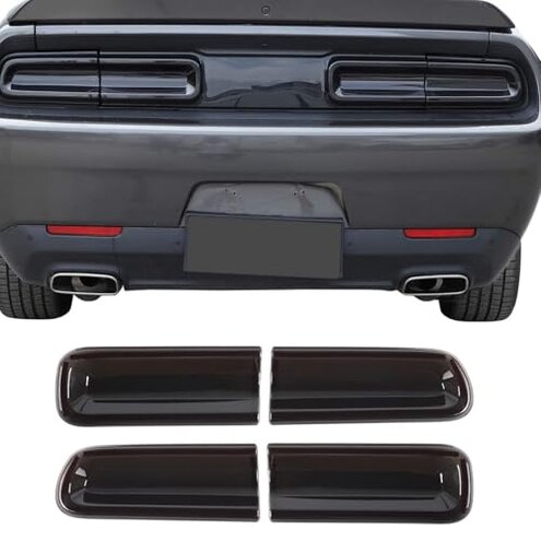 KAKABAS TailLight Covers Rear Light Guards Exterior Accessories Compatible with Dodge Challenger 2015-2023,Tail Light Lamp Covers Trim Decoration(4PCS, Smoke Black)