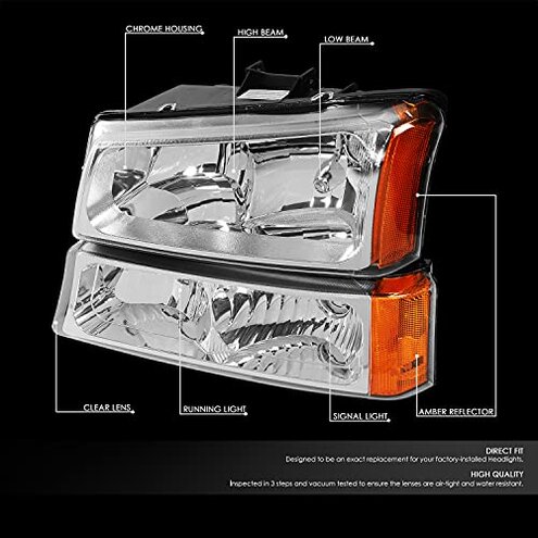 DNA MOTORING Pair Headlight Assembly Compatible with 2003-2006 Chevy Silverado 1500 2500 3500 1500 HD 2500 HD Avalanche 1500 2500, w/o Factory Cladding, Chrome/Amber, HL-OH-CS03-4P-CH-AM