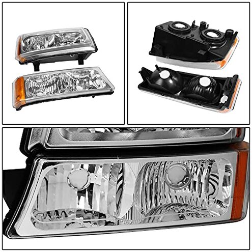 DNA MOTORING Pair Headlight Assembly Compatible with 2003-2006 Chevy Silverado 1500 2500 3500 1500 HD 2500 HD Avalanche 1500 2500, w/o Factory Cladding, Chrome/Amber, HL-OH-CS03-4P-CH-AM