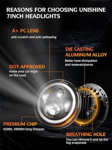 UNI-SHINE Black 2pcs 7 inch Led Headlight Round DOT Approved H6024 Led Headlight DRL Turn Signal Compatible with Jeep Wrangler JK TJ CJ & Miata & Chevy S3 & Hummer H1 H2