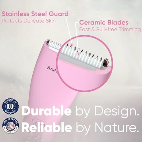 BAREWIZE Bikini Trimmer for Women, Pubic Hair Trimmer | Waterproof, USB-C Rechargeable, LED Light, Replaceable Blade | Electric Razors for Women, Electric Lady Shaver (Blush Pink)