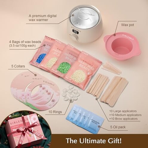 GIRLEARLE Premium Digital Waxing Kit for Women and Men, Wax Warmer Hair Removal at Home with Wax Beads & Silicone Pot, Target Different Types of Sensitive Skin Brazilian Bikini, Facial, Leg, Full body