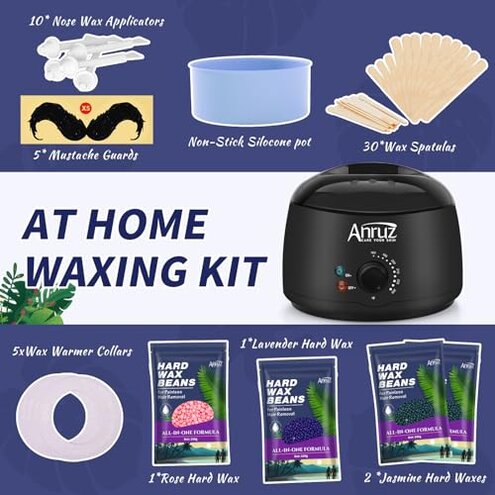 Anruz Waxing Kit for Women Men - Wax Kit for Hair Removal with Silicone Bowl,4 Bags Hard Waxing Beads and 30 Sticks - at Home Use Wax Warmer for Full Body, Bikini, Eyebrow, Face, Sensitive Skin