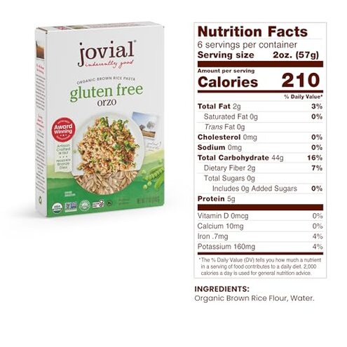 Jovial Organic Brown Rice Orzo Pasta - Gluten Free Whole Grain Orzo, Dairy Free, Made with 2 Ingredients, Non GMO, Artisan Crafted in Italy - 12 Oz (6 Pack)