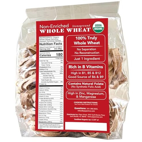 Papa Vince Organic Diabetic Friendly Pasta: Low GI Organic Whole Wheat Italian Pasta Made in Italy from Ancient Heirloom Grain. High Fiber, Slow Carb, Slow Dried, Bronze Cut, Non Enriched (Tagliatelle)