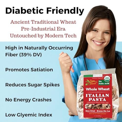 Papa Vince Organic Diabetic Friendly Pasta: Low GI Organic Whole Wheat Italian Pasta Made in Italy from Ancient Heirloom Grain. High Fiber, Slow Carb, Slow Dried, Bronze Cut, Non Enriched (Tagliatelle)