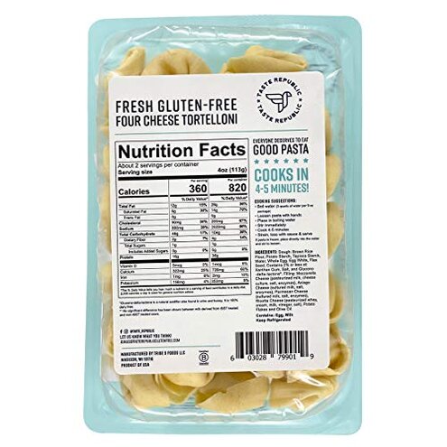 Gluten-Free Tortelloni, Four Cheese Stuffed Fresh Pasta, Cooks in Just 3 Minutes, Taste Republic, Frozen, 9oz (Pack of 6)