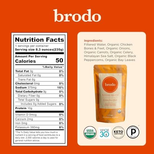 Brodo Organic Chicken Broth | Nutrient Dense, Chef Crafted Bone Broth in Single Serving Pouches | Not Made From Concentrate, No Preservatives (6x 8.3 oz Pouches)