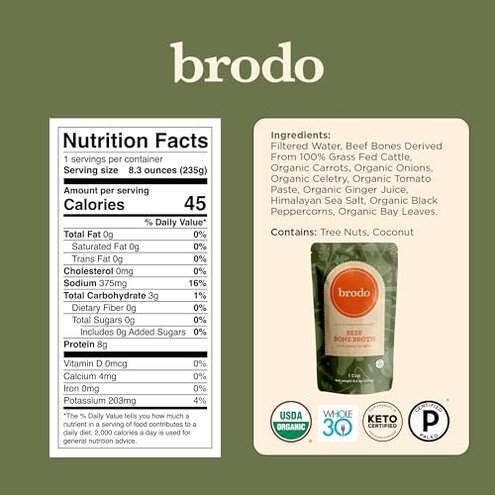 Brodo Organic Chicken Broth | Nutrient Dense, Chef Crafted Bone Broth in Single Serving Pouches | Not Made From Concentrate, No Preservatives (6x 8.3 oz Pouches)