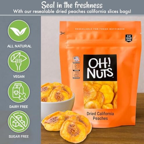 Oh! Nuts Dried Peaches California - 2 LB - Dried Fruit Slices - No Sugar Added - Packed in New York Zip-Seal Bag for Exceptional Freshness