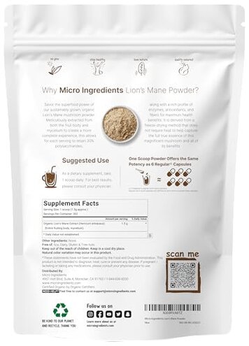 Micro Ingredients Organic Lion’s Mane Mushroom Powder, 16oz | Pure Fruiting Body Superfood | Supports Brain, Focus, Energy & Immune Health | Great for Smoothies & Coffee | Filler Free, Vegan, Non-GMO