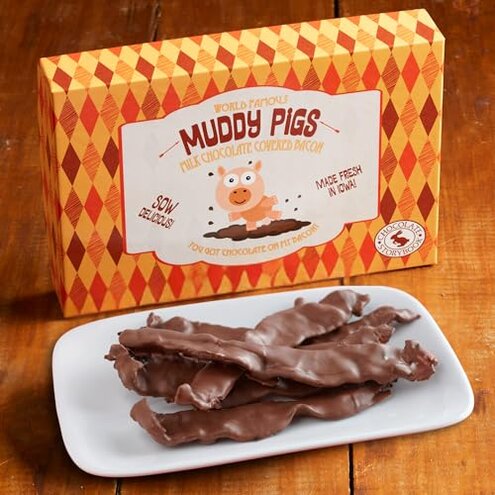"Muddy Pigs" Chocolate Covered Bacon Strips - 6 Hickory Smoked Bacon Strips - Gourmet Artisan Chocolates Made Fresh in Iowa