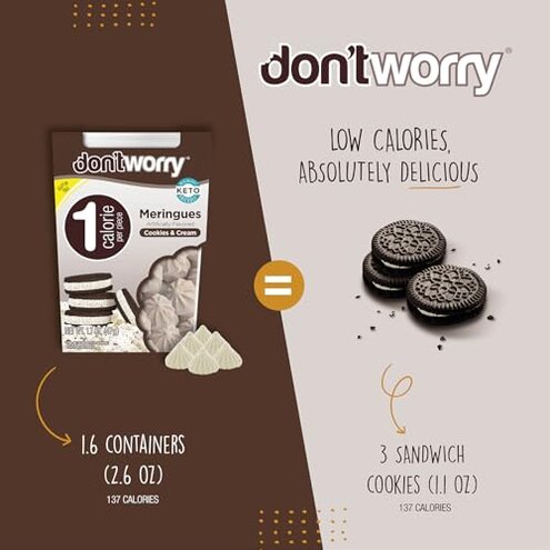 Don't Worry Low Calorie Meringue Cookies - 4 Pack - Cookies & Cream, Just 1 Calorie per Piece | Low Sugar Candy, Gluten Free, Protein Snacks | Keto Friendly and Healthy Snacks for Adults
