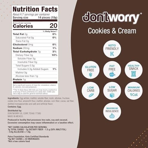 Don't Worry Low Sugar Cookies &ndash; Low Calorie Snacks | Keto Friendly Low Sugar Snacks | Chocolate Filled Healthy Meringue Cookies | Meringues Low Carb Dessert for Adults | 4 Pack